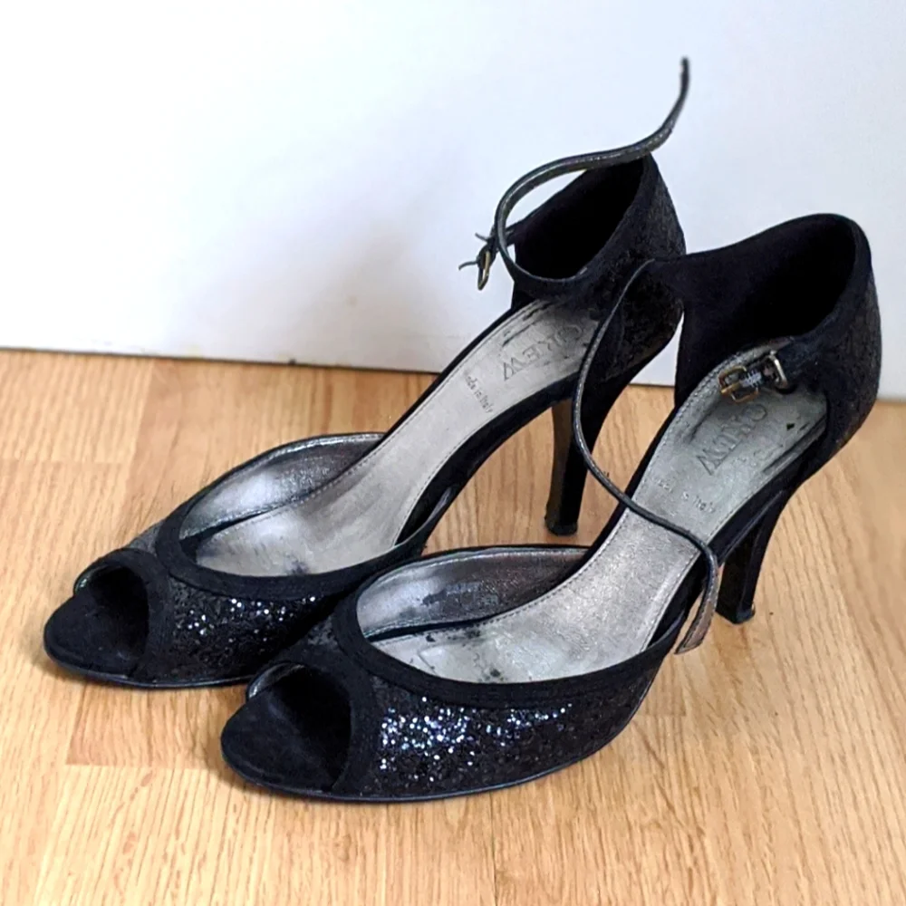 J.Crew Black Women's Glitter Sparkly Etta Strappy High Heels 9.5 Made in Italy - Picture 6 of 9